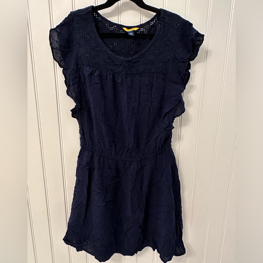 Navy blue mini dress with ruffle cap sleeves, size S